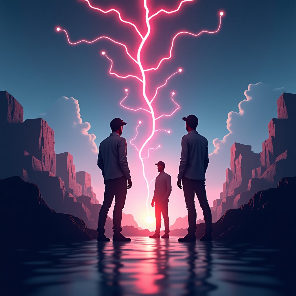 Conceptual art showing a shifting landscape between professional office workers and manual labor workers under a glowing neural network. Cinematic lighting. 4:3 ratio.