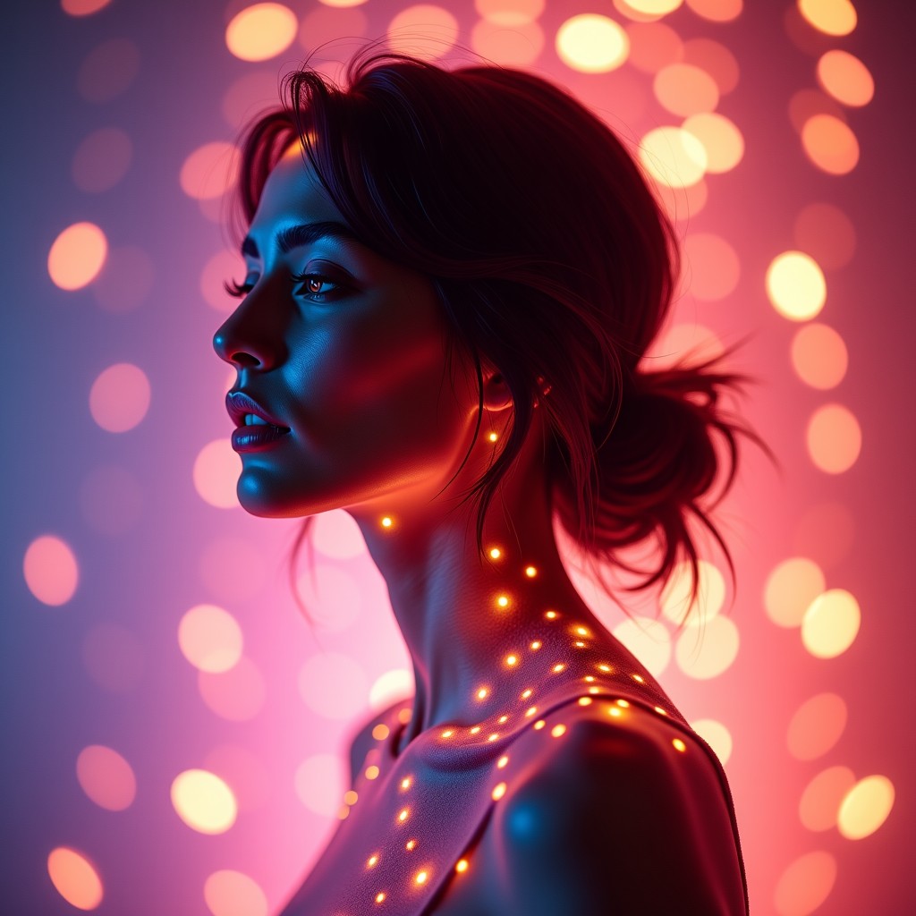 A futuristic and ethereal portrait of a female singer made of glowing digital particles, artistic lighting, soft focus background, cinematic composition, 4:3