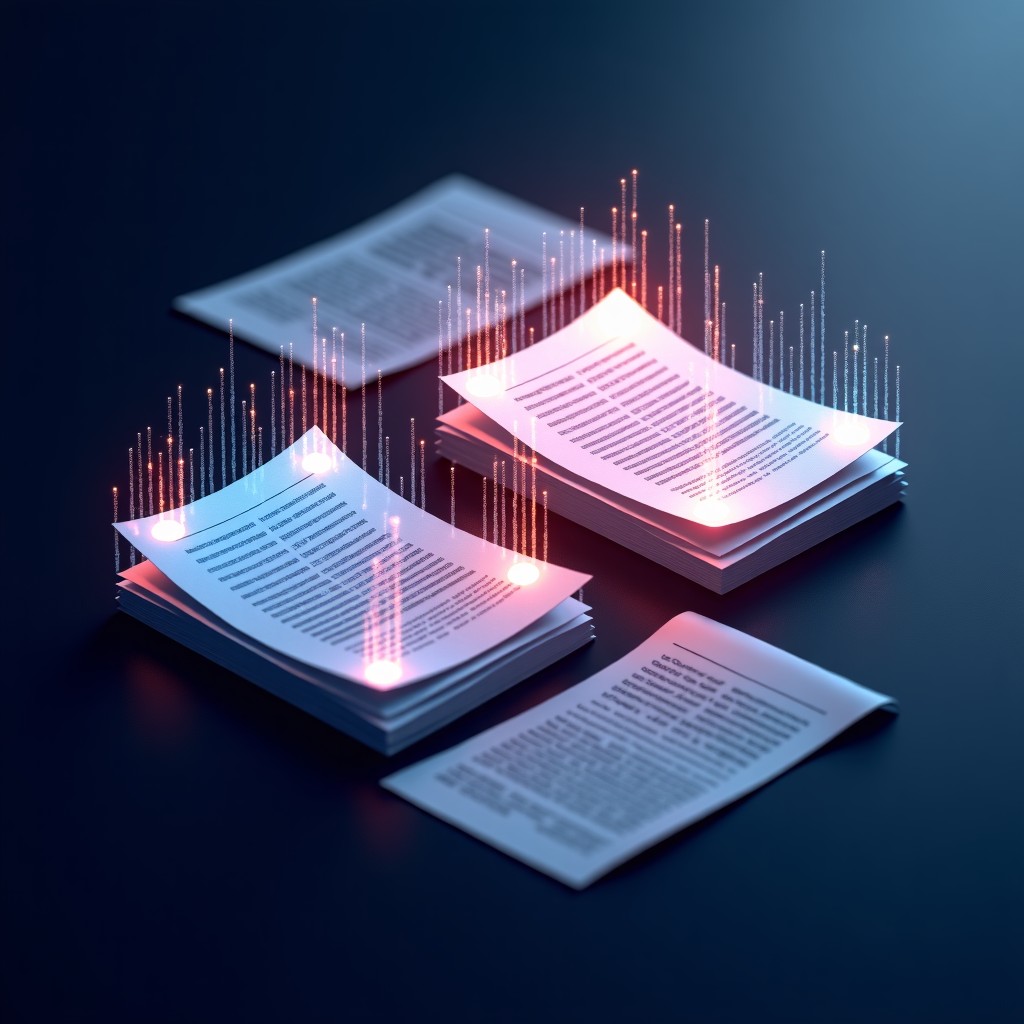 Conceptual art of digital legal documents overlapping with flowing abstract colorful AI particles in a sleek dark environment, high contrast, 1:1