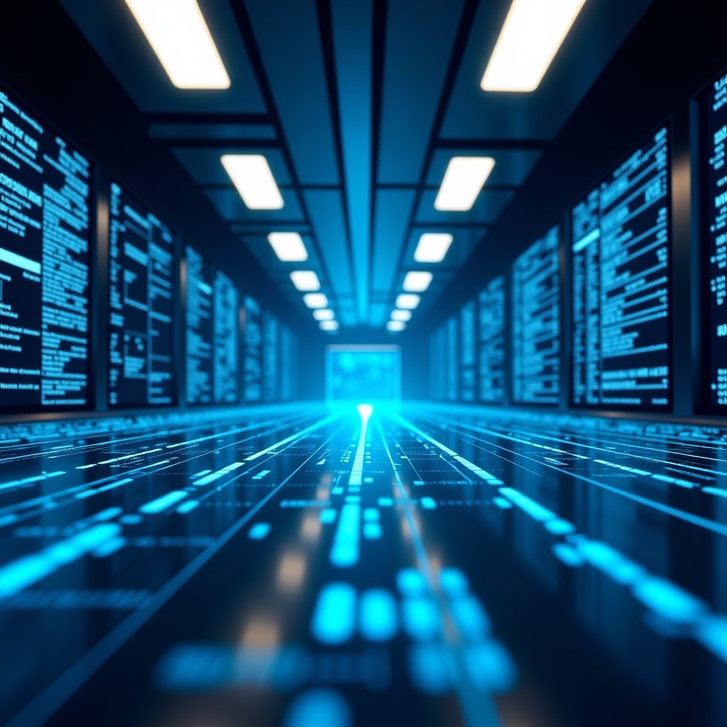 A high-tech digital laboratory showing abstract data flow and neural networks with a clean modern aesthetic, 4:3