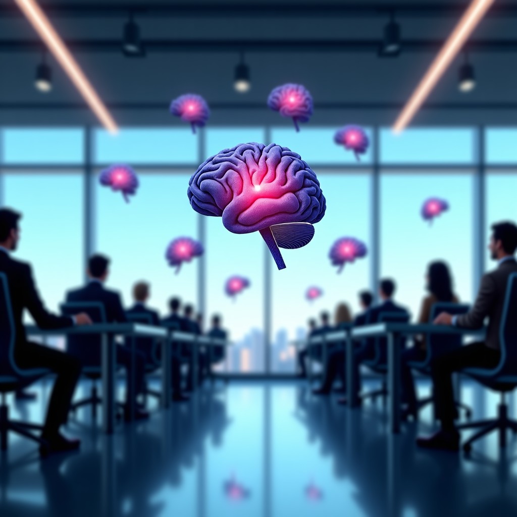 A modern office workspace with abstract digital brain icons floating in the air, high-tech aesthetic, clean minimalist design, professional, cinematic lighting, 4:3