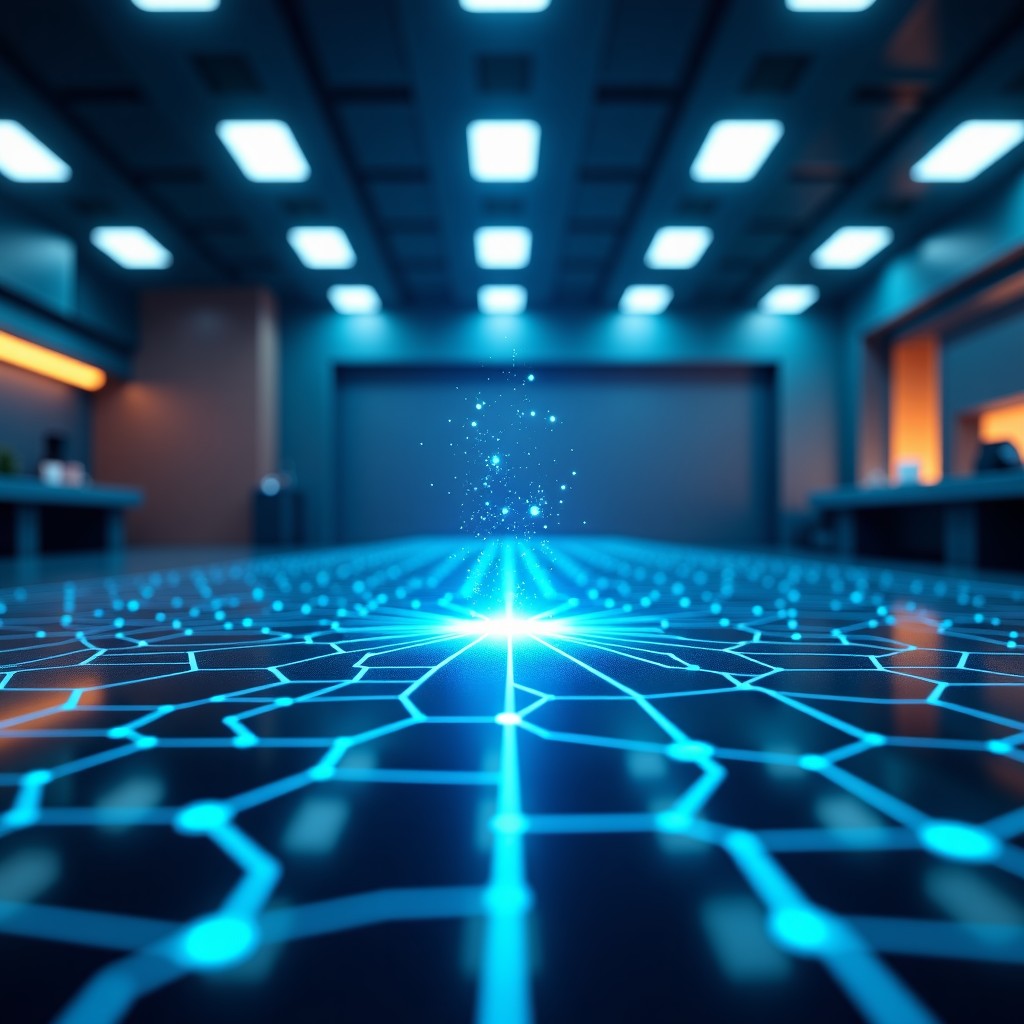 A high-tech laboratory background with a futuristic glowing interface and abstract digital neural network patterns, cinematic lighting, 4:3