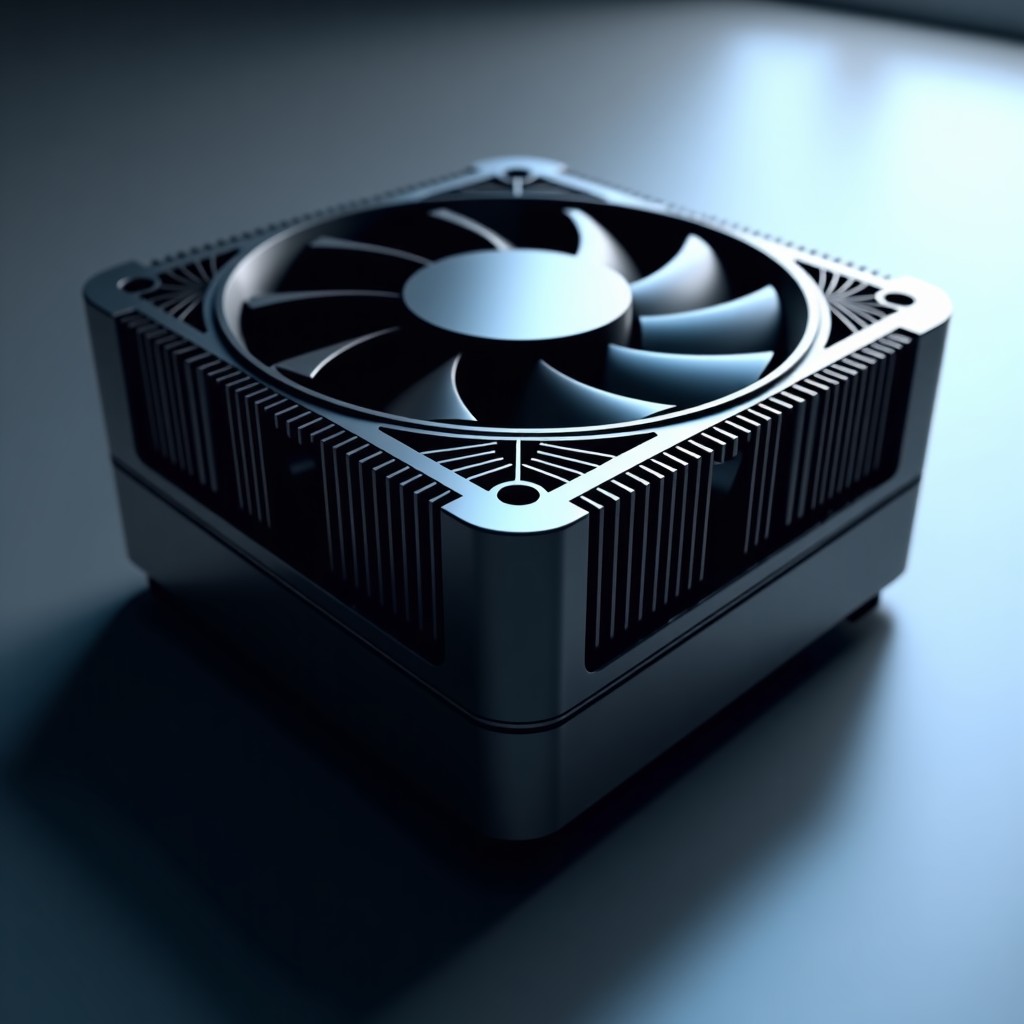 Detailed composition of an innovative cooling module for next-generation chips, sleek design, metallic textures, soft ambient light, hyper-realistic, 4:3 aspect ratio.
