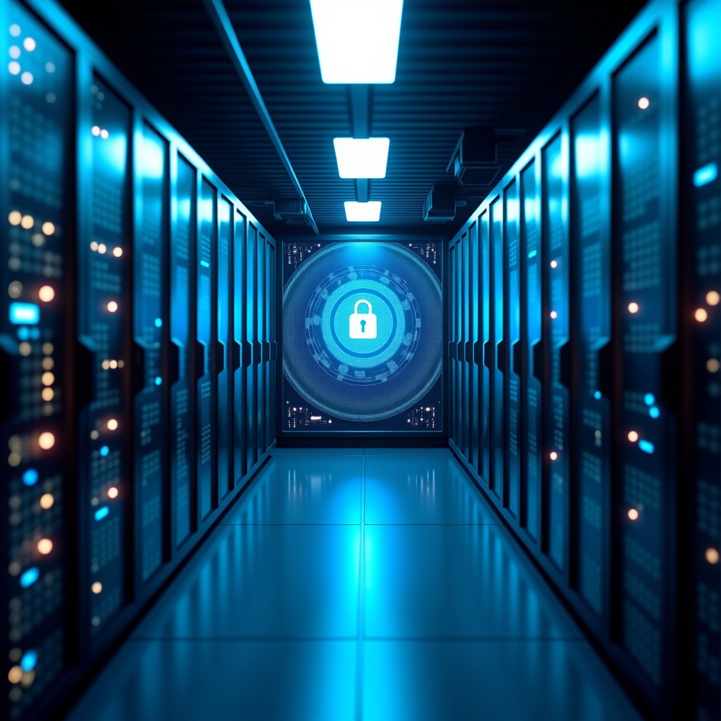 A futuristic concept of digital security layers protecting a glowing neural network structure inside a military server room, cinematic lighting, hyper-realistic, 4:3