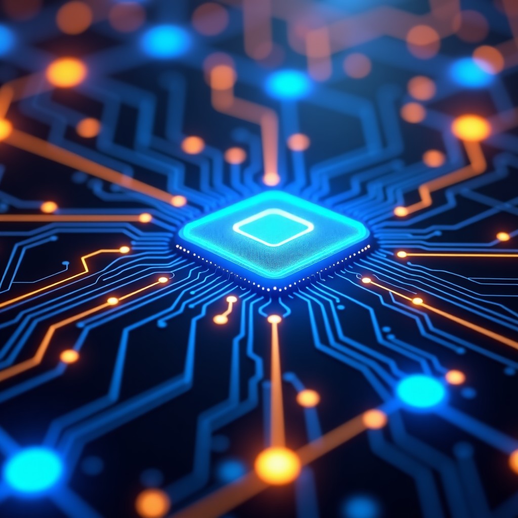 A futuristic digital representation of a glowing circuit board with interconnected data nodes, high tech aesthetic, neon blue and gold lighting, cinematic depth of field, 4:3