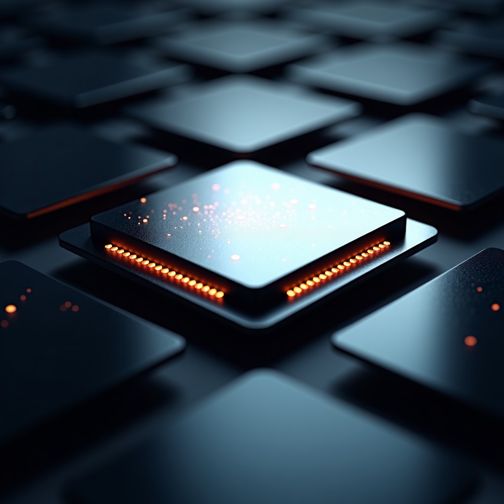 An abstract visual of a highly advanced computer processor floating in a sleek dark environment, particles of light emitting from the chip, sophisticated metallic texture, sharp focus, 16:9
