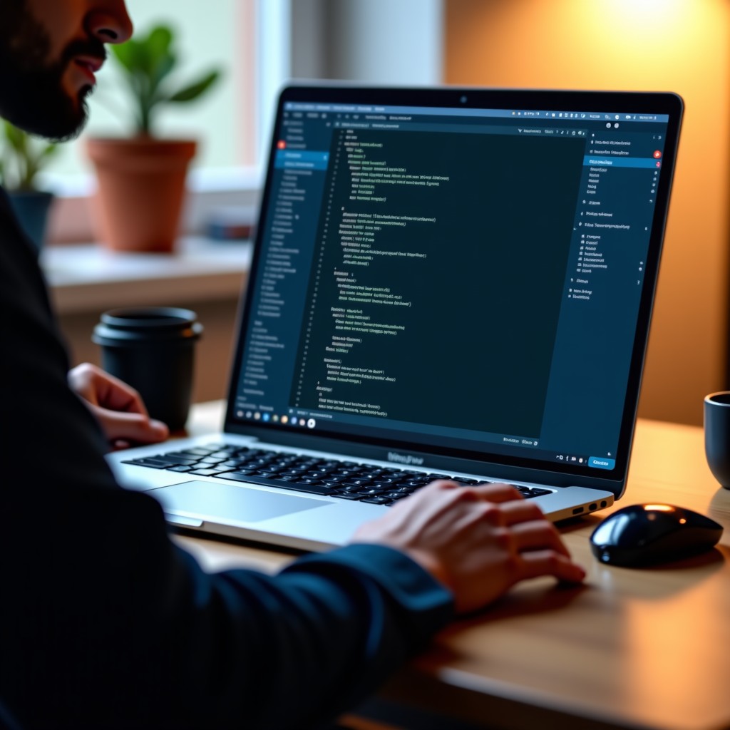 A developer working at a clean desk with a laptop screen showing code and autonomous agent workflow diagrams, depth of field, sharp focus, 4:3
