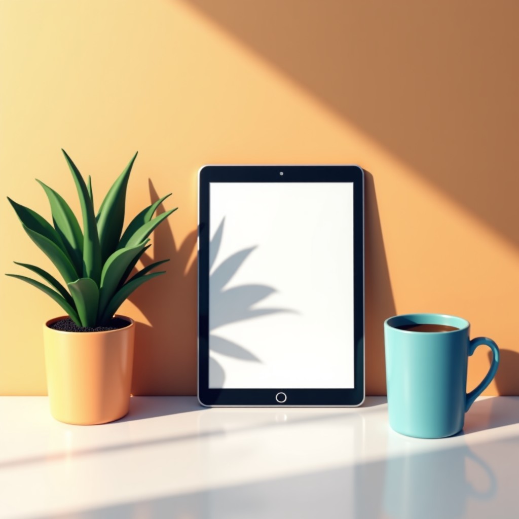 Minimalist setup of a digital workspace with coffee and a tablet, professional and clean, vibrant creative atmosphere, 4:3