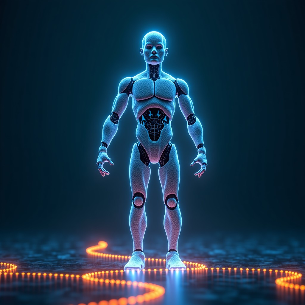 Conceptual art showing a robotic figure trapped in glowing digital chains, representing algorithmic control, deep blue and orange contrast, 16:9 aspect ratio, 4:3