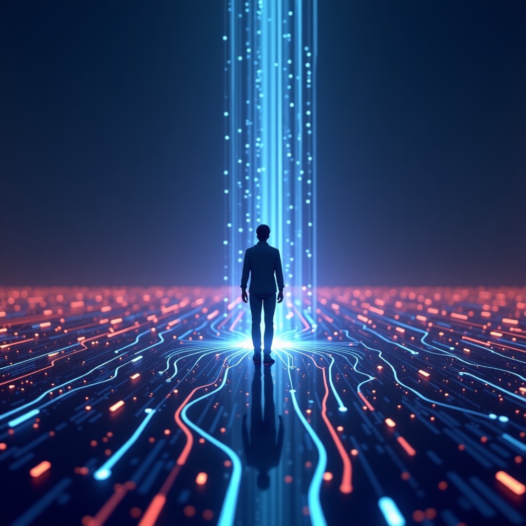 Conceptual art of digital data streams connecting with a human-like silhouette, abstract tech aesthetic, clean colors, 4:3