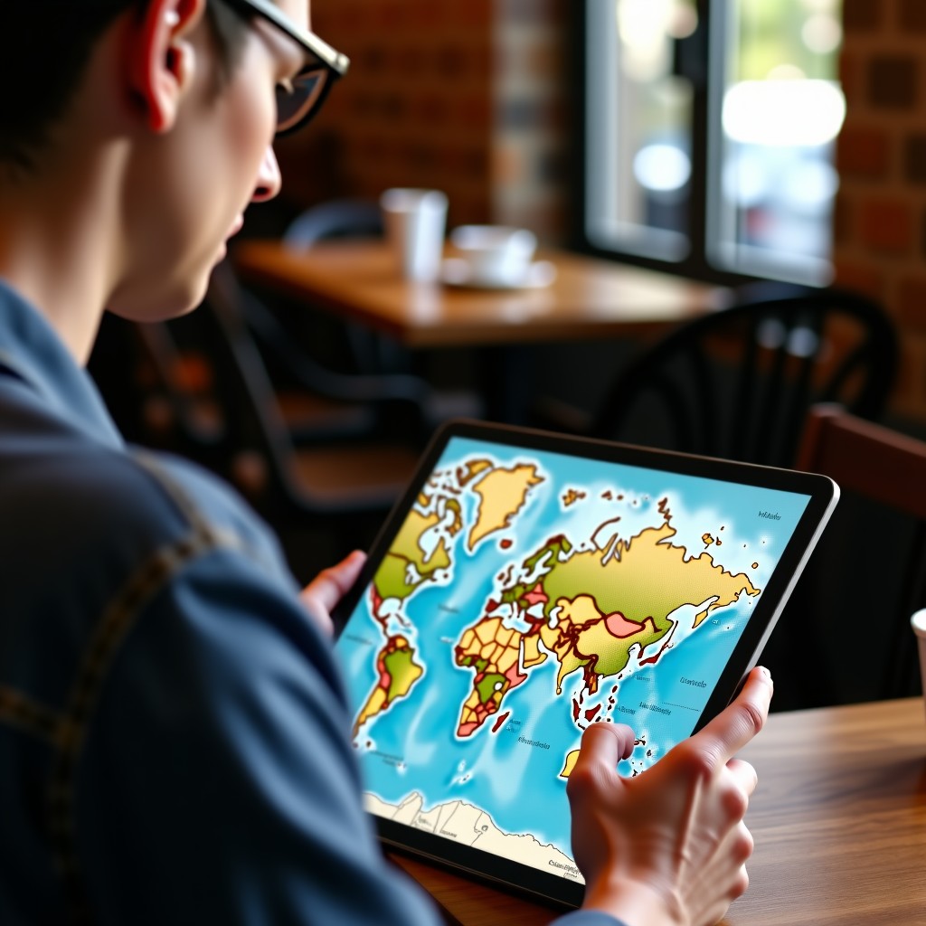 A stylish person looking at a digital travel itinerary on a tablet, travel photos and maps in the background, warm natural lighting, cozy coffee shop setting, cinematic, realistic, 16:9 aspect ratio.