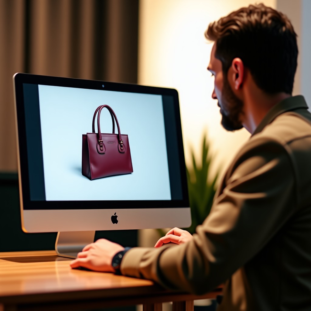A person looking at a new bag on a computer screen, matching it with their recently bought shoes, trendy lifestyle background, elegant and modern interior, soft lighting, 16:9 aspect ratio.