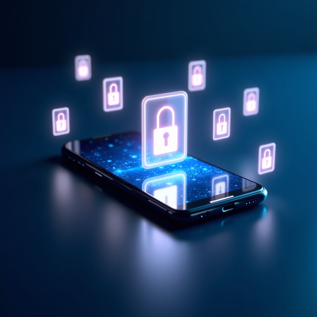 Abstract representation of digital privacy, glowing security icons floating around a personal smartphone, sleek tech design, soft focus, high quality, 16:9 aspect ratio.