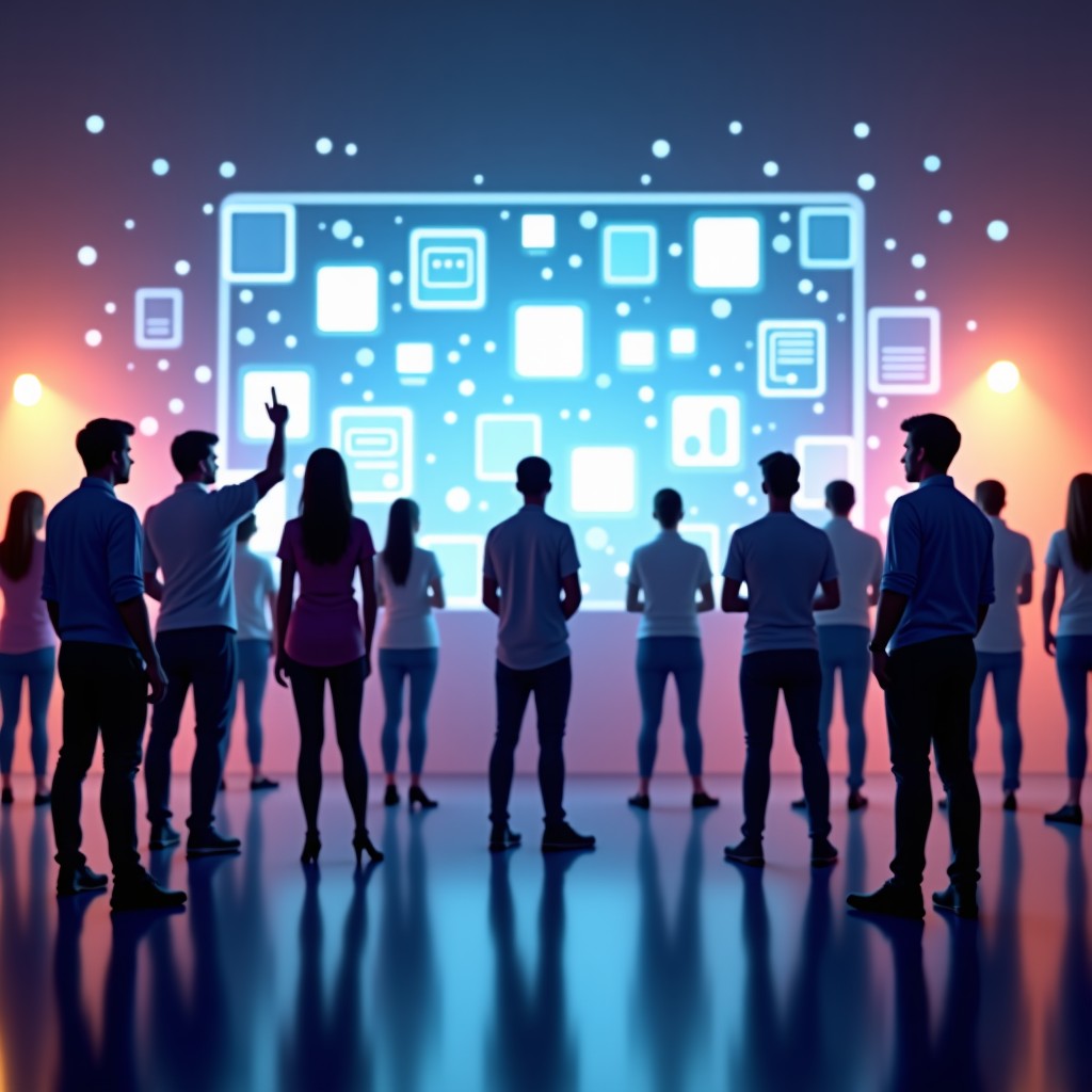 Diverse group of young people interacting with digital holographic displays showing social media trends, vibrant atmosphere, realistic, 1:1.