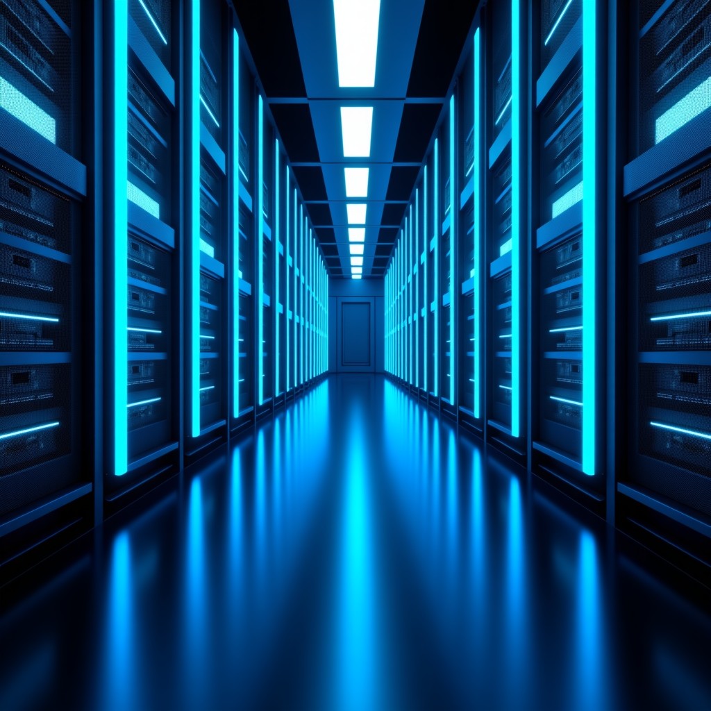 High-tech server room background with glowing neon blue lines representing data processing, industrial aesthetic, 16:9