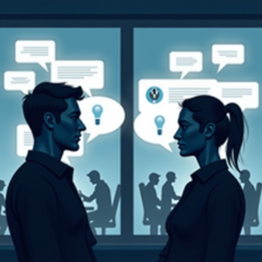 A conceptual illustration of human-AI collaboration and evaluation, showing digital speech bubbles with comparison icons, professional workspace background, soft lighting. 4:3