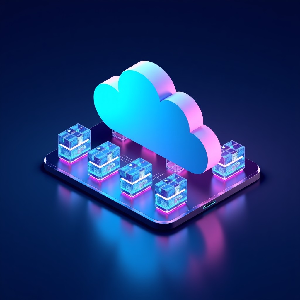 Conceptual view of secure enterprise cloud infrastructure with glowing data clusters, blue and purple tones, modern data center aesthetic, professional, 4:3 aspect ratio