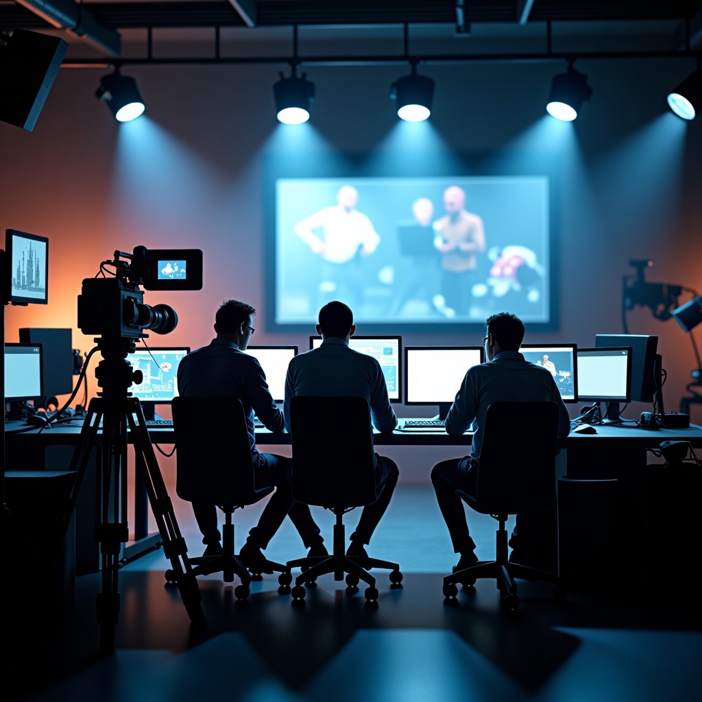 Modern film set with advanced lighting equipment and digital cameras, technical team looking at high resolution computer monitors, behind the scenes of a movie production, realistic, 4:3.