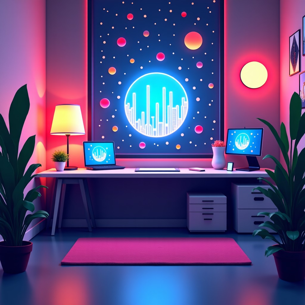 Futuristic creative workspace with AI generated art and digital sound waves, abstract representation of creativity, vivid colors, modern aesthetic, 4:3