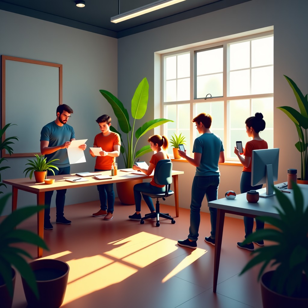 A diverse group of creators working in a modern studio with digital tools and traditional art supplies, soft daylight, realistic photography style, 4:3 aspect ratio