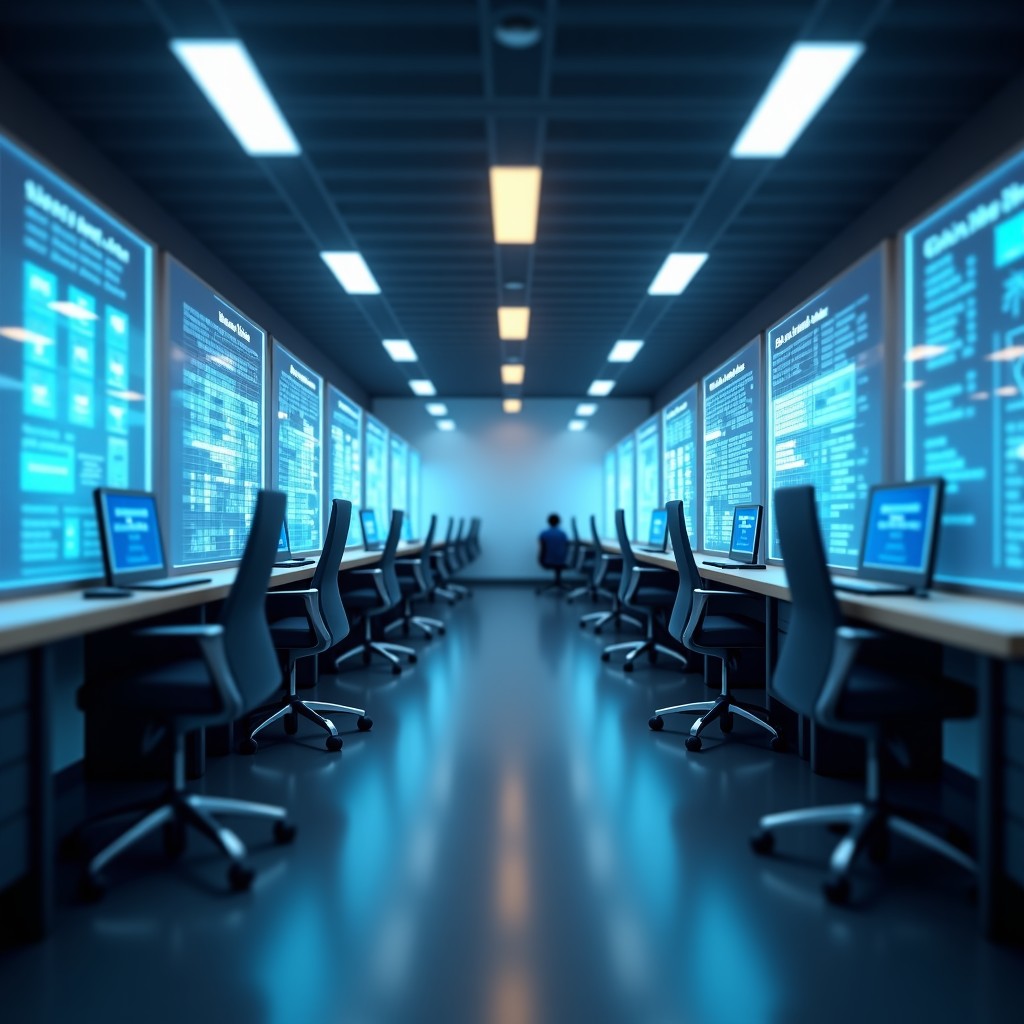 A professional office environment with holographic data screens, soft lighting, focus on digital safety and artificial intelligence, photorealistic, 4:3