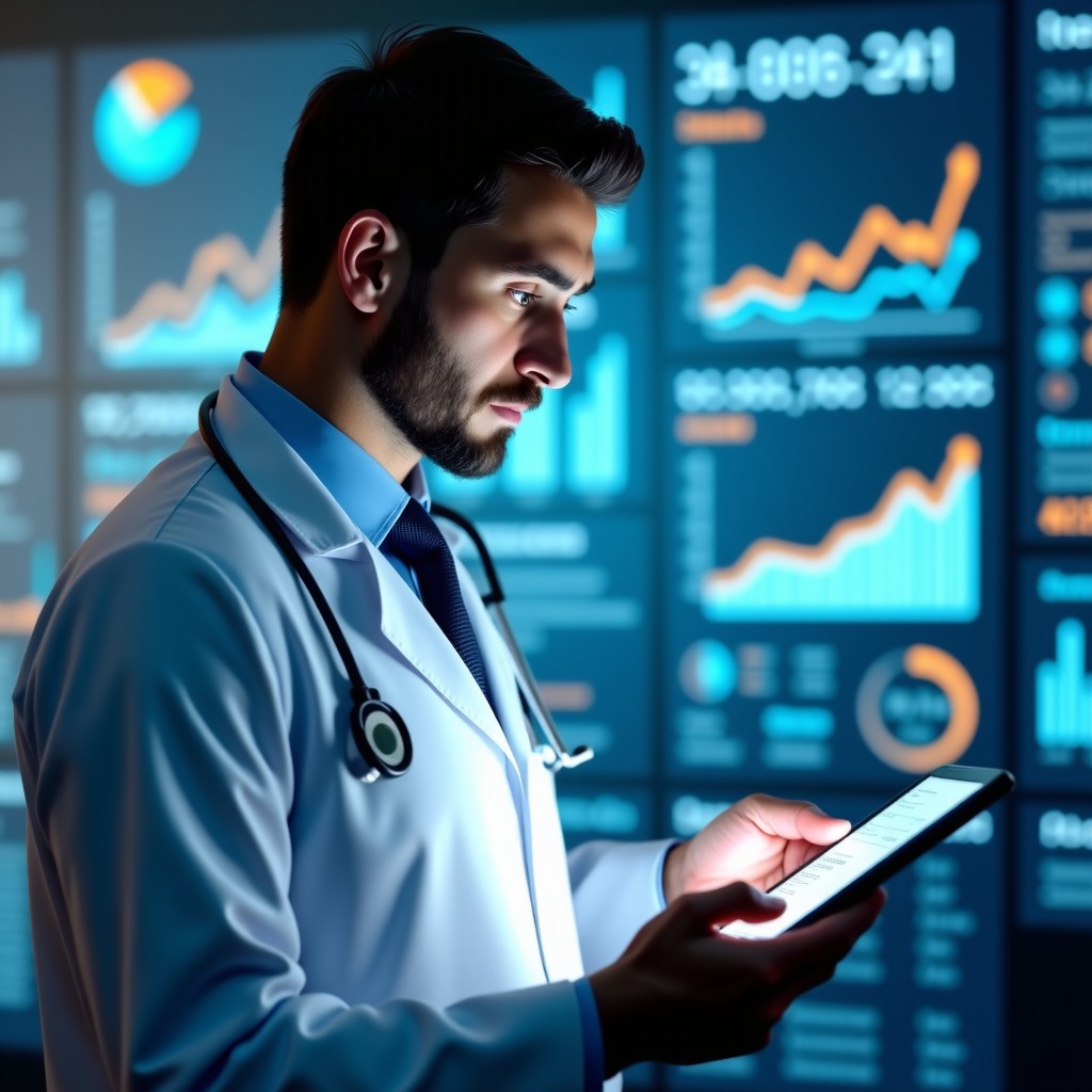 A professional doctor looking at a tablet displaying sophisticated health statistics and trends with clean aesthetic design 4:3