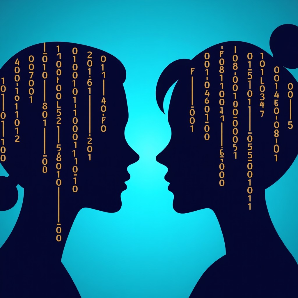 Abstract representation of binary code and facial silhouettes in blue and gold colors, illustrating bias in machine learning, clean and professional, 4:3