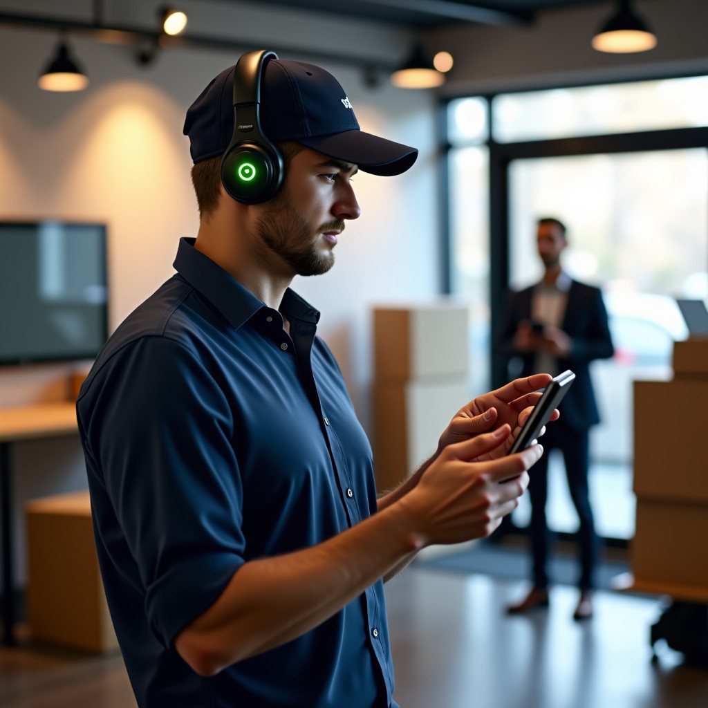A courier filming daily physical activities like handling objects with a wearable camera, high-tech AI training concept, soft indoor lighting, 16:9 aspect ratio