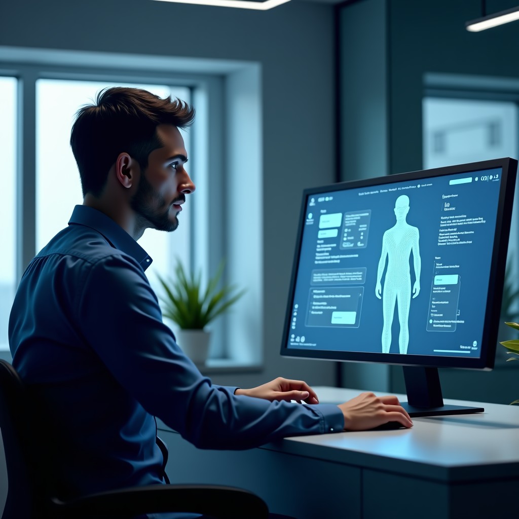 Professional environment with human engineer working on a computer interface with a holographic AI assistant, soft natural lighting, realistic style, 4:3.