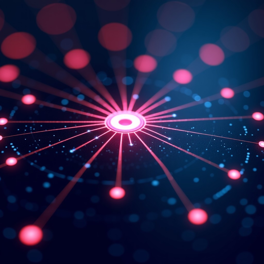 Cyber security interface with glowing lines connecting data points, representing constant monitoring and threat detection, dark background with neon accents, 4:3