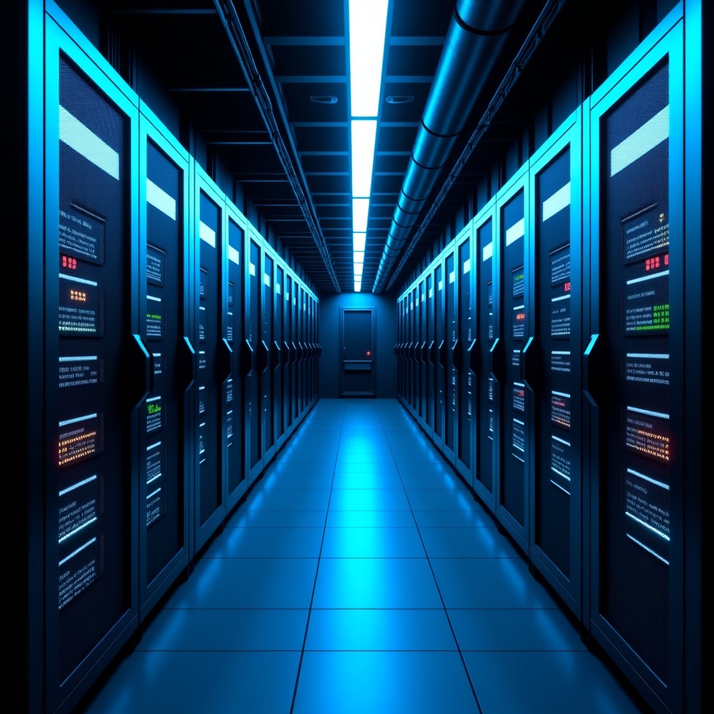 A high-tech data center interior with rows of glowing server racks and fiber optic cables, representing heavy internet traffic, cinematic lighting, 16:9