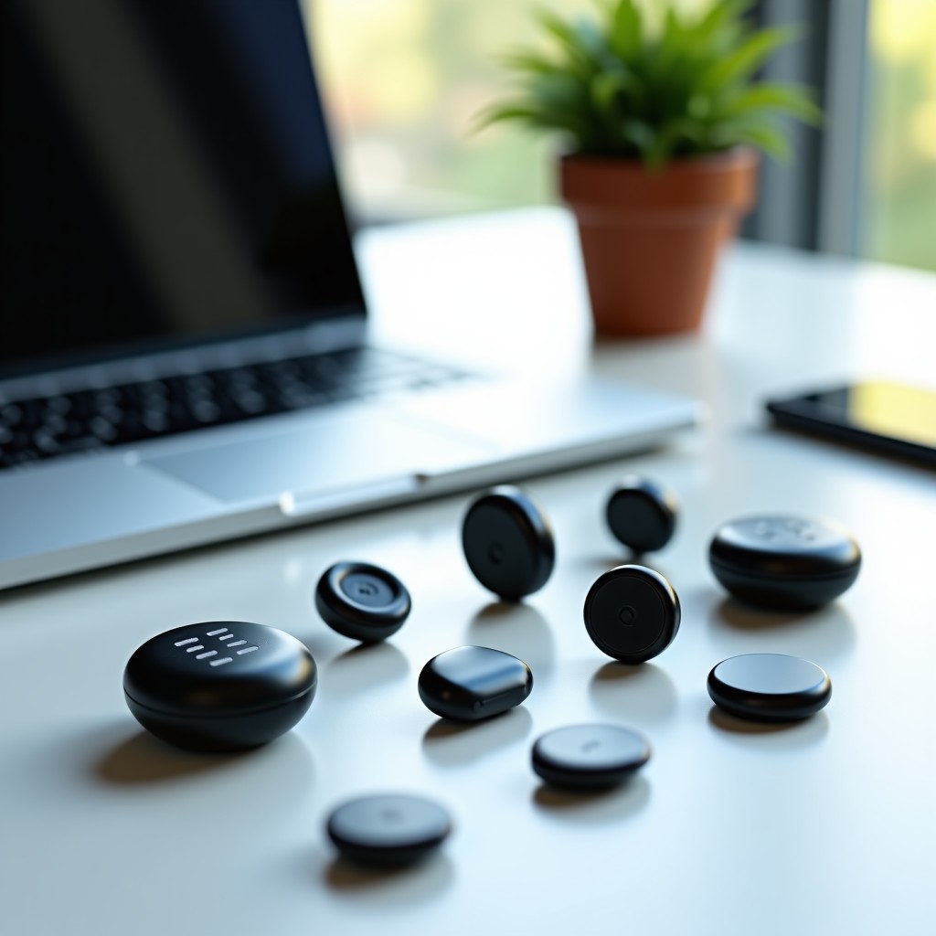 Various modern wearable AI recording devices including pendants and pins arranged on a clean desk, bright natural lighting, professional technology gadgets, 4:3