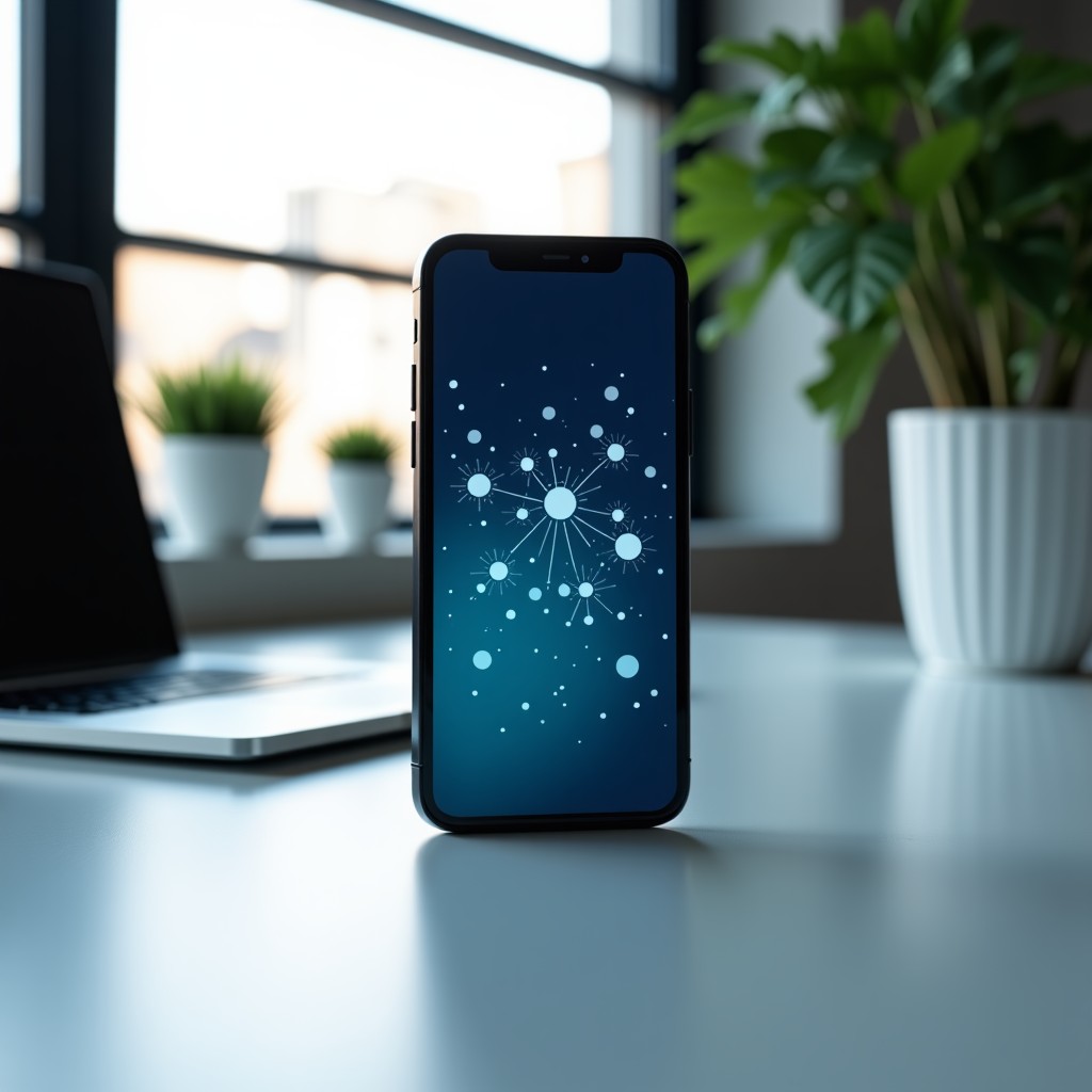 A smartphone screen showing a clean user interface with abstract data nodes, modern desk setting, natural indoor lighting, soft focus, 4:3 aspect ratio