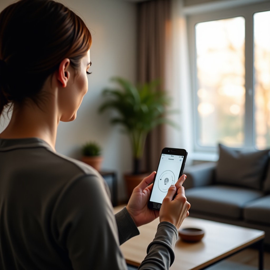 A person using a voice-activated AI device in a modern living space, soft daylight, realistic photography style, 4:3