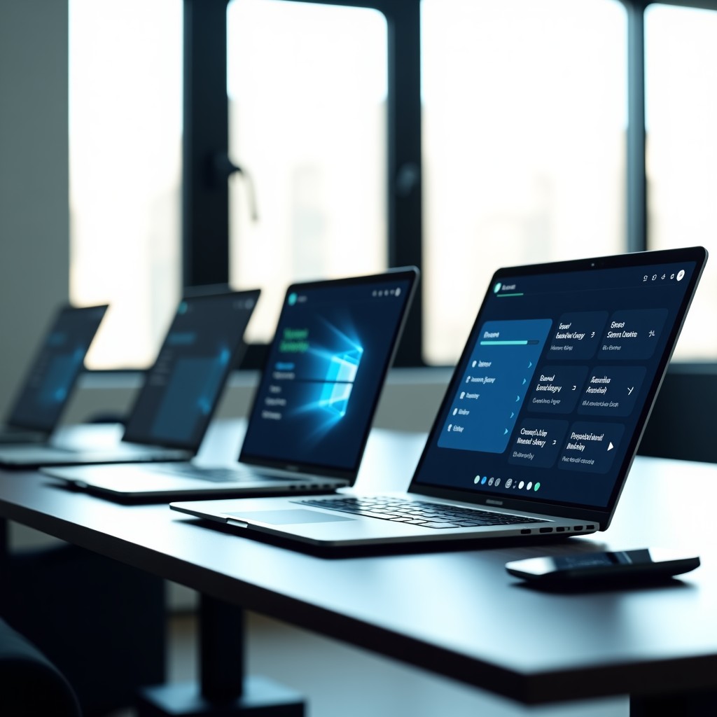 A modern office desk with multiple open laptop screens showing various AI interface designs, minimalist and clean style, bright natural lighting, high resolution, 16:9 aspect ratio.