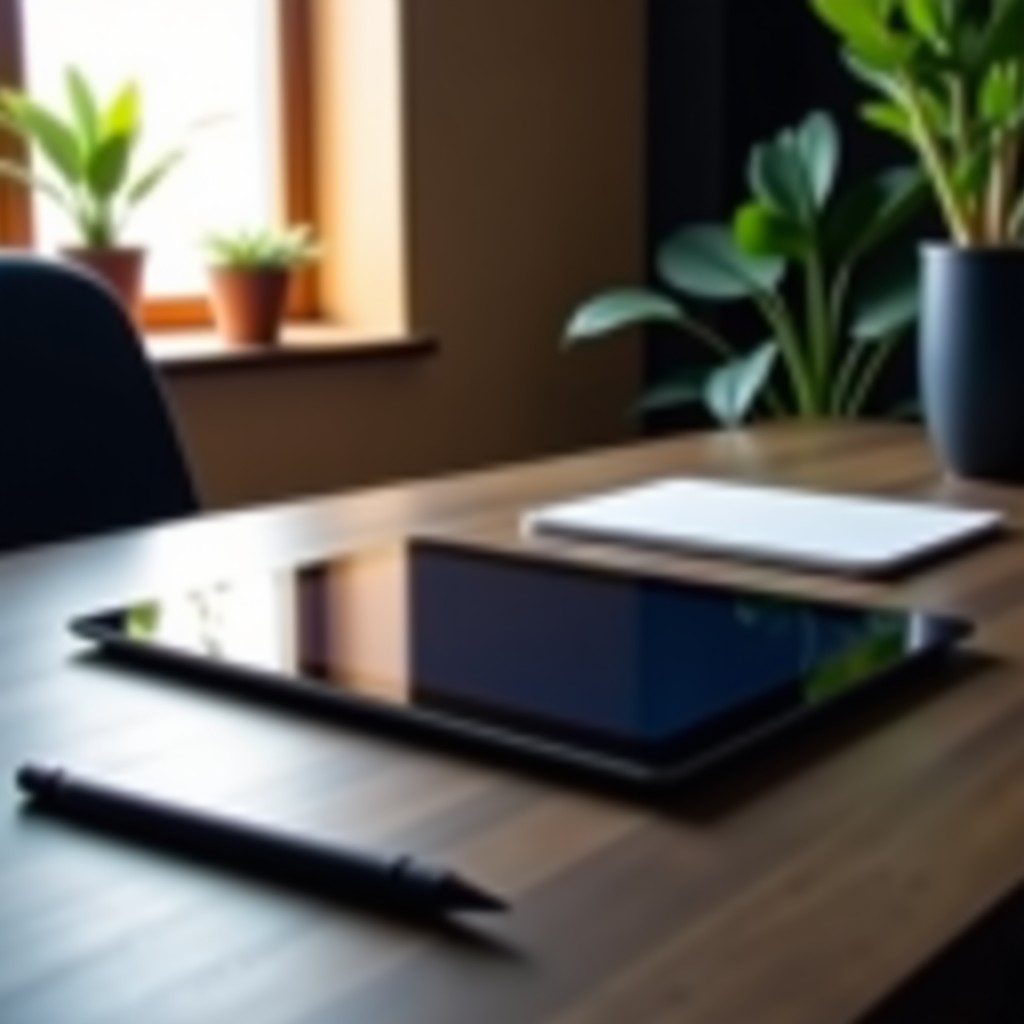 Close up of a creative workspace with digital tablet and stylus, soft warm lighting, professional atmosphere, minimalist aesthetic, 4:3 aspect ratio.