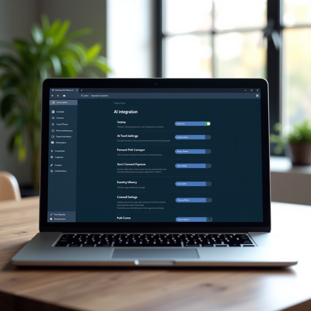 A professional workspace showing a laptop screen with connection settings for AI integration, focus on clean UI, natural lighting, 4:3