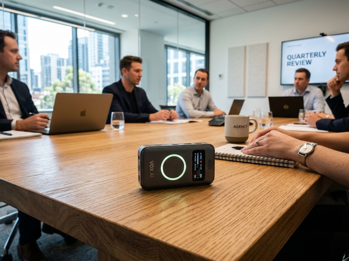 회의실에 놓인 세련된 AI 녹음기