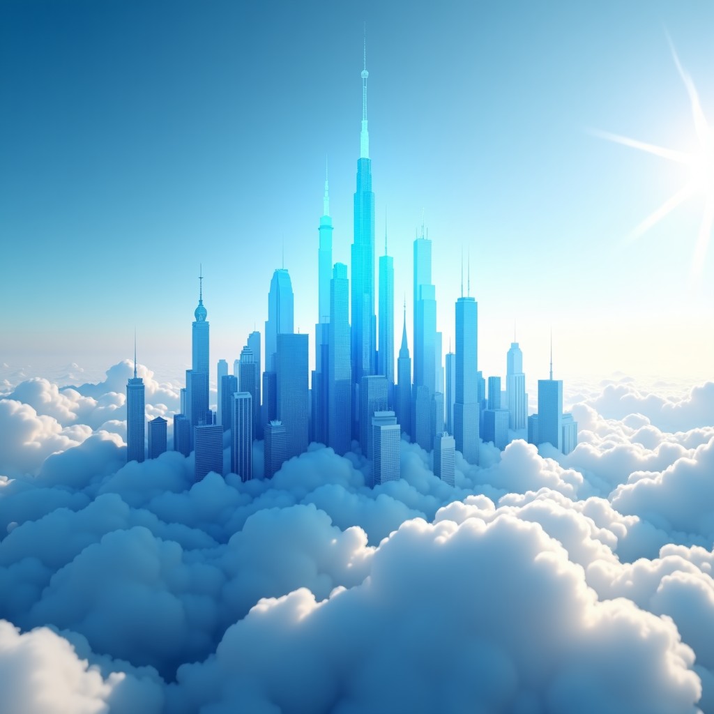 Conceptual art of a soaring skyline integrated with digital holographic technology, bright and clear daylight, professional and innovative atmosphere, 4:3