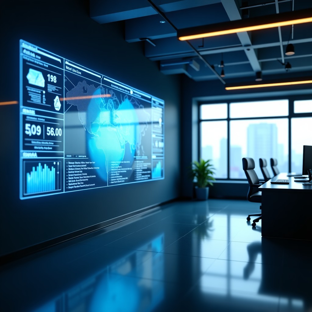 A professional office environment with holographic data representations and interconnected network nodes, modern workspace, cinematic lighting, 4:3