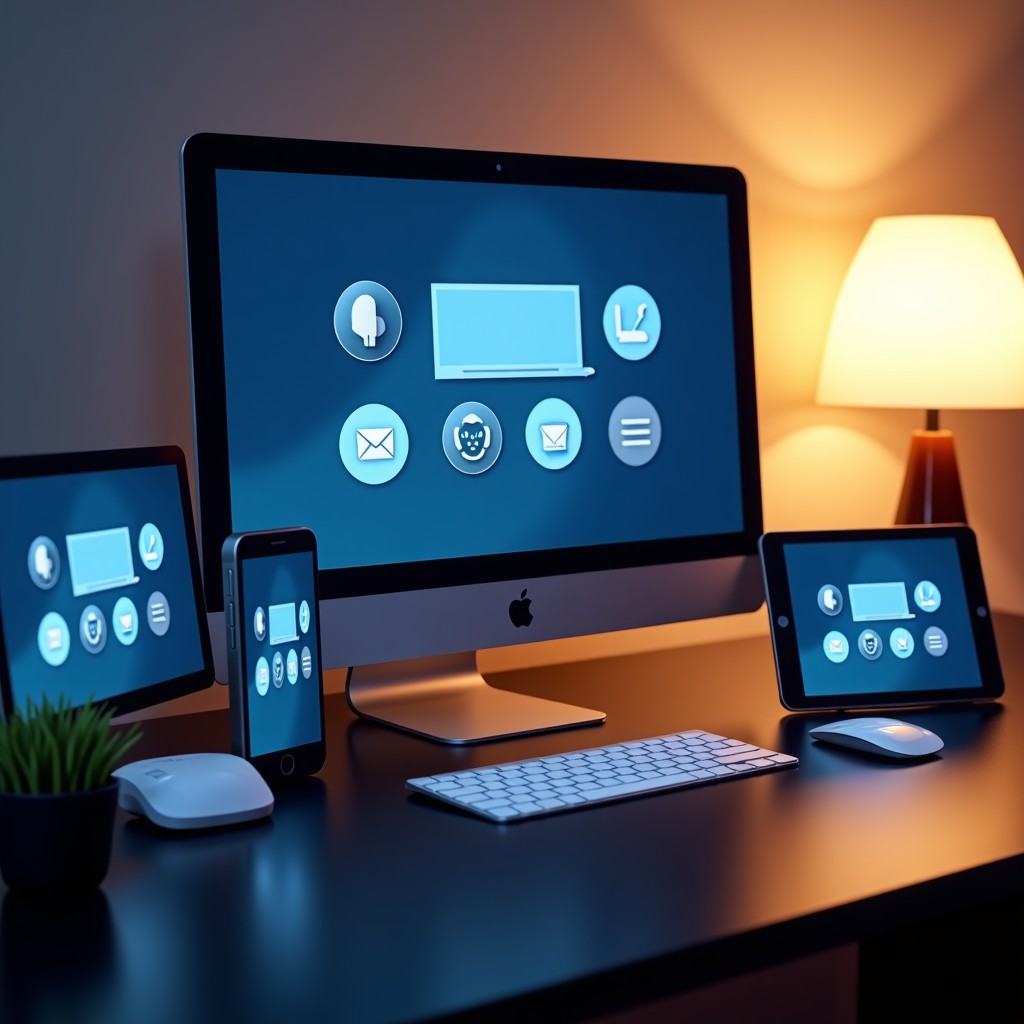 A clean, modern desk setup with multiple digital devices showing diverse AI interface designs, high resolution, soft warm lighting, 4:3 ratio.