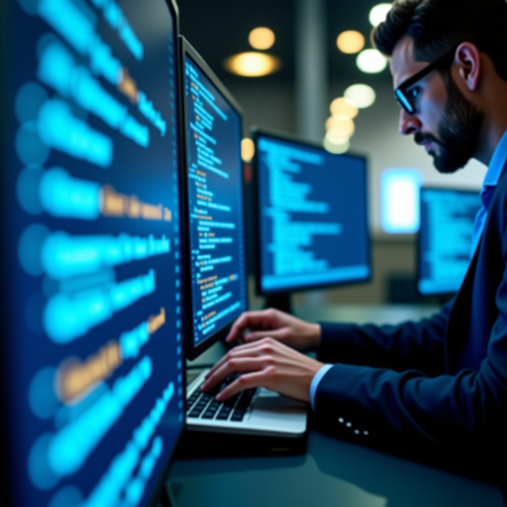 Close up shot of a tech professional working on a secure computer interface with advanced lines of code, soft focus background, realistic photography, 4:3 ratio.