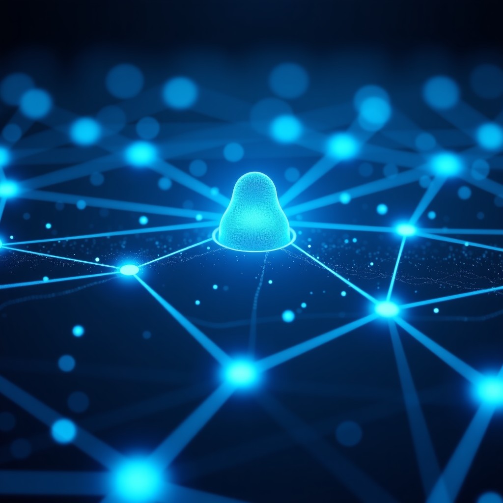 A clean and modern digital interface showing data marketplace connectivity with glowing nodes and network lines in a professional blue and white studio lighting, 4:3