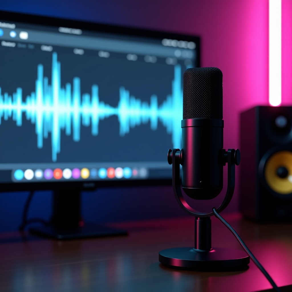 Professional studio setup with a high-end microphone and computer screen showing abstract sound waves, cinematic lighting, shallow depth of field, 4:3