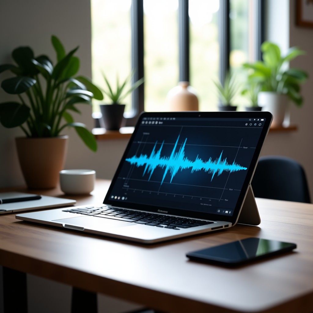 A creative workspace with a digital tablet showing audio waveforms, natural daylight, professional tools, minimalist aesthetic, 16:9