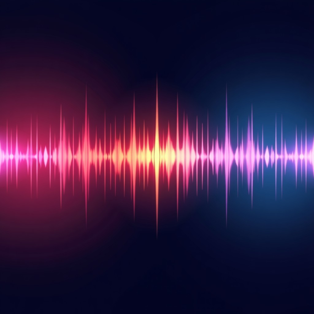 Abstract representation of digital sound waves and human voice spectrum, vibrant gradients, high tech, futuristic concept, 4:3