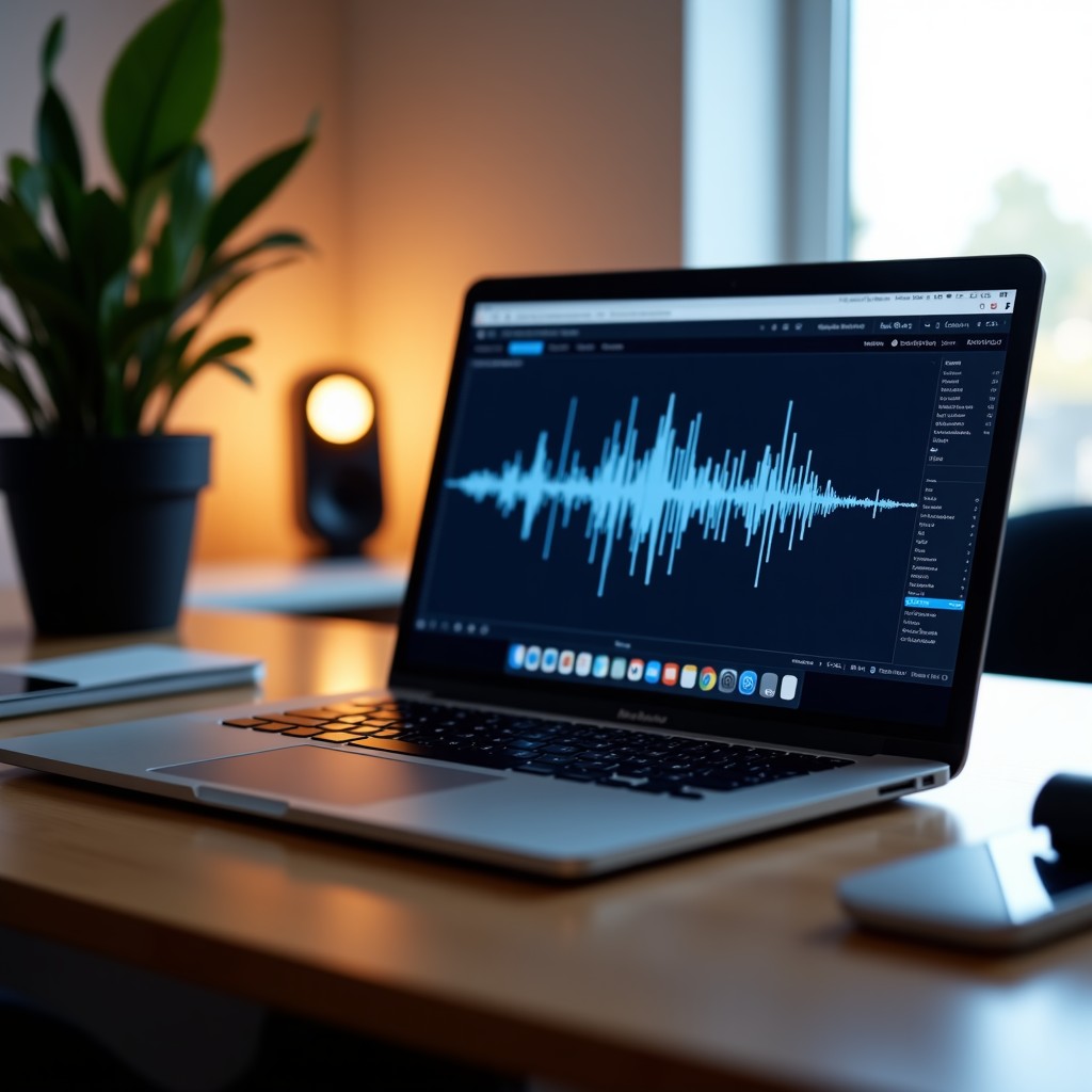 A professional workspace with a modern laptop screen displaying sound wave visualization, clean studio environment, soft lighting, 4:3