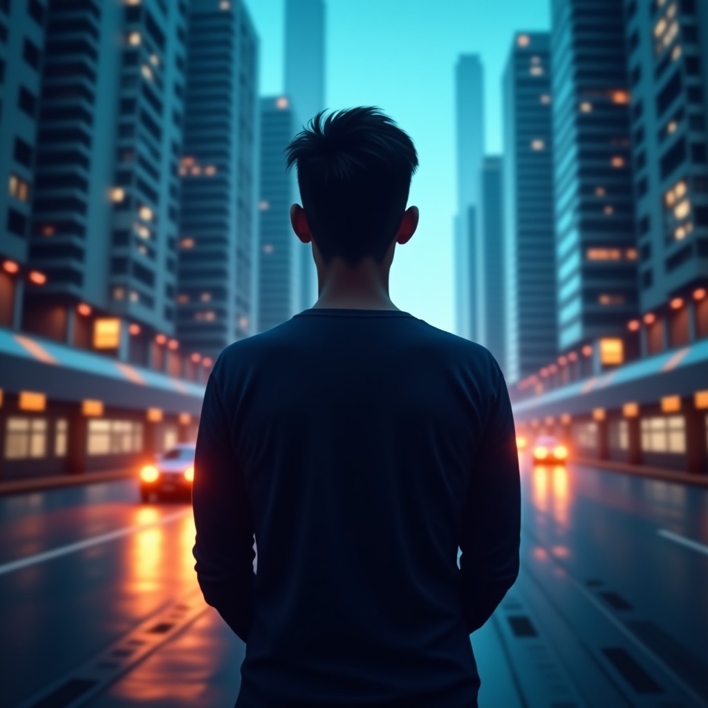 A person reflecting on their career path in front of a futuristic technological background, contemplative atmosphere, warm accent lighting, 4:3