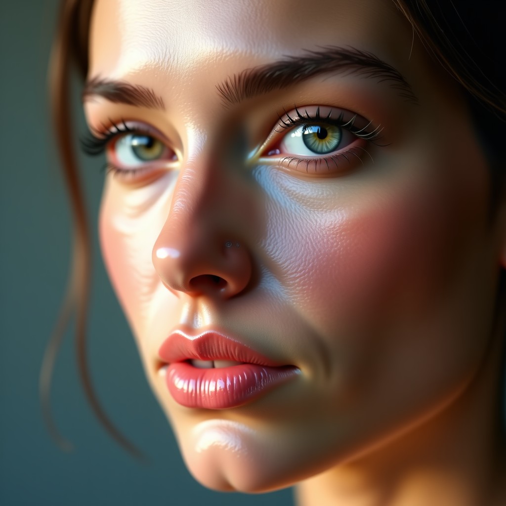 Close up of a highly detailed portrait generated by advanced artificial intelligence, sharp focus, natural lighting, 4:3