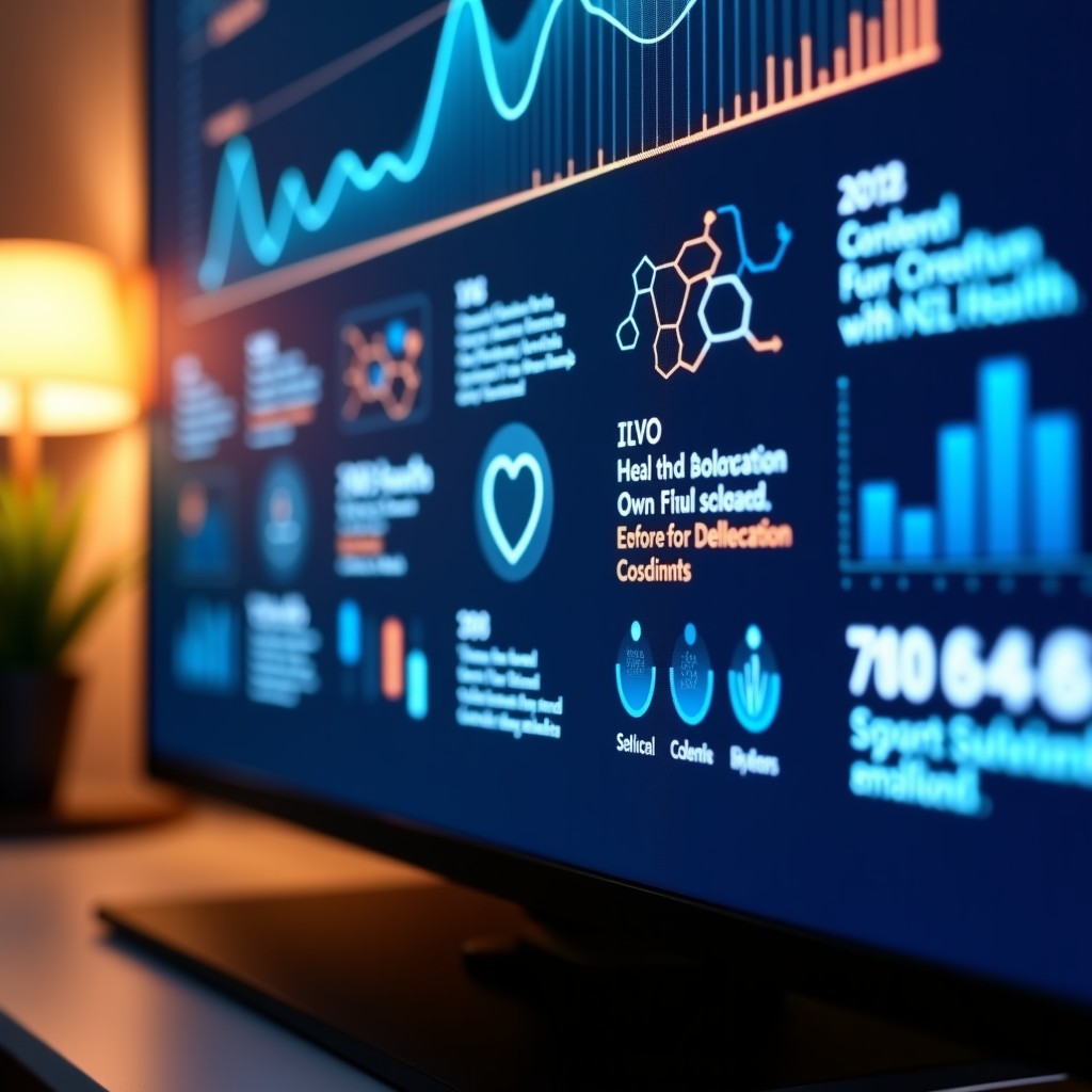Close up of a television screen showing a professional infographic about health and wellness, crisp visuals, futuristic UI design, dark background with glowing accents, realistic home interior setting, 16:9 aspect ratio.